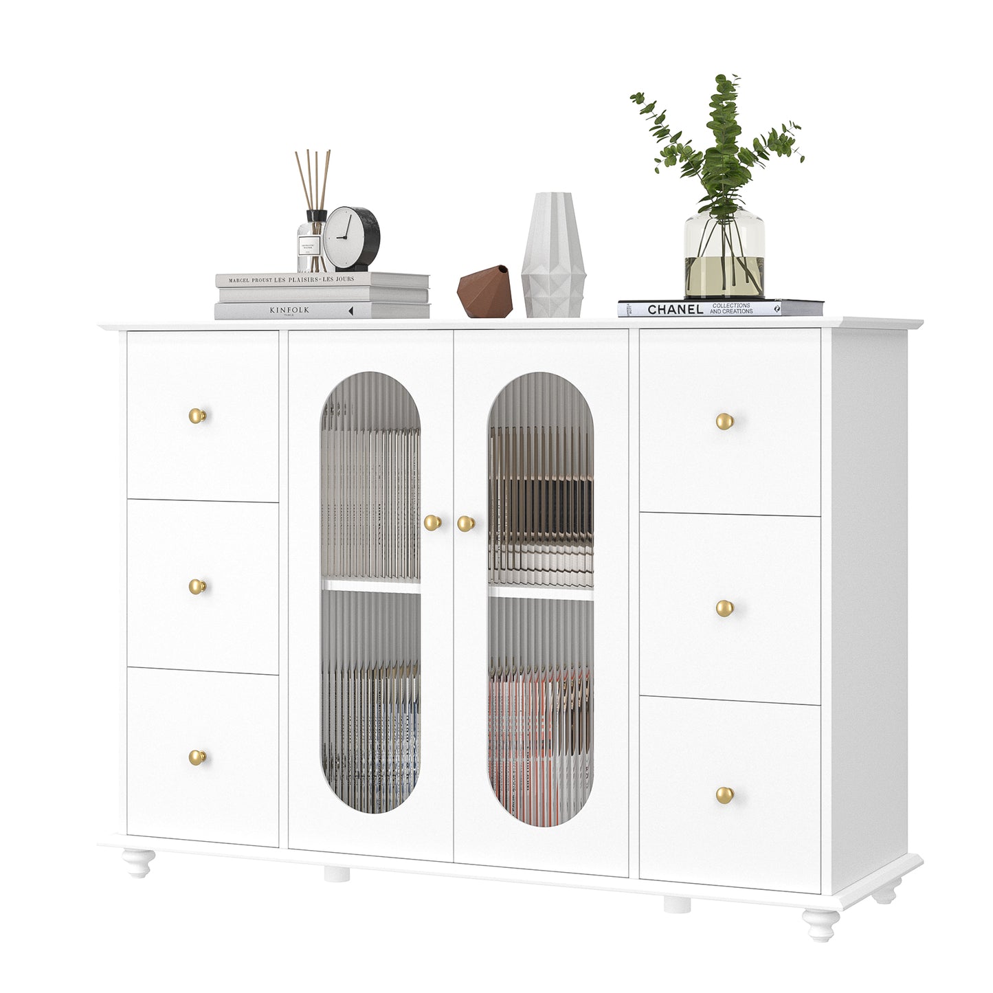 Urkno Modern Accent Storage Cabinet with 6 Drawers and 2 Glass Doors, Kitchen Sideboard, White