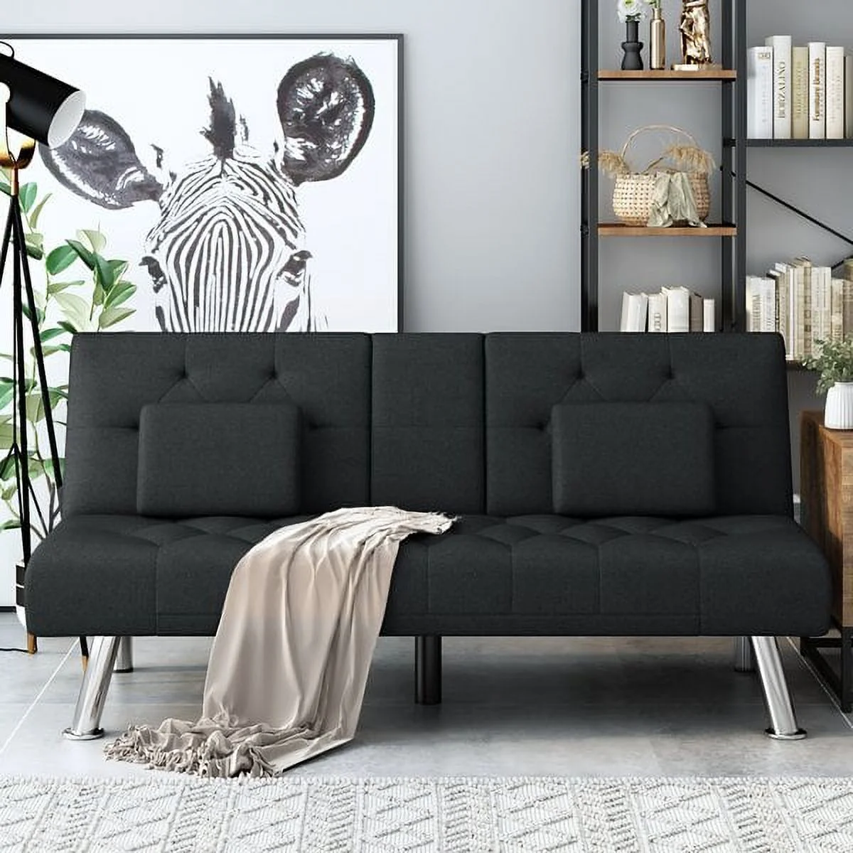 Urkno Folding Futon Sofa with Removable Armrests and 2 Cup Holders, Black Couch, Linen Sofabed