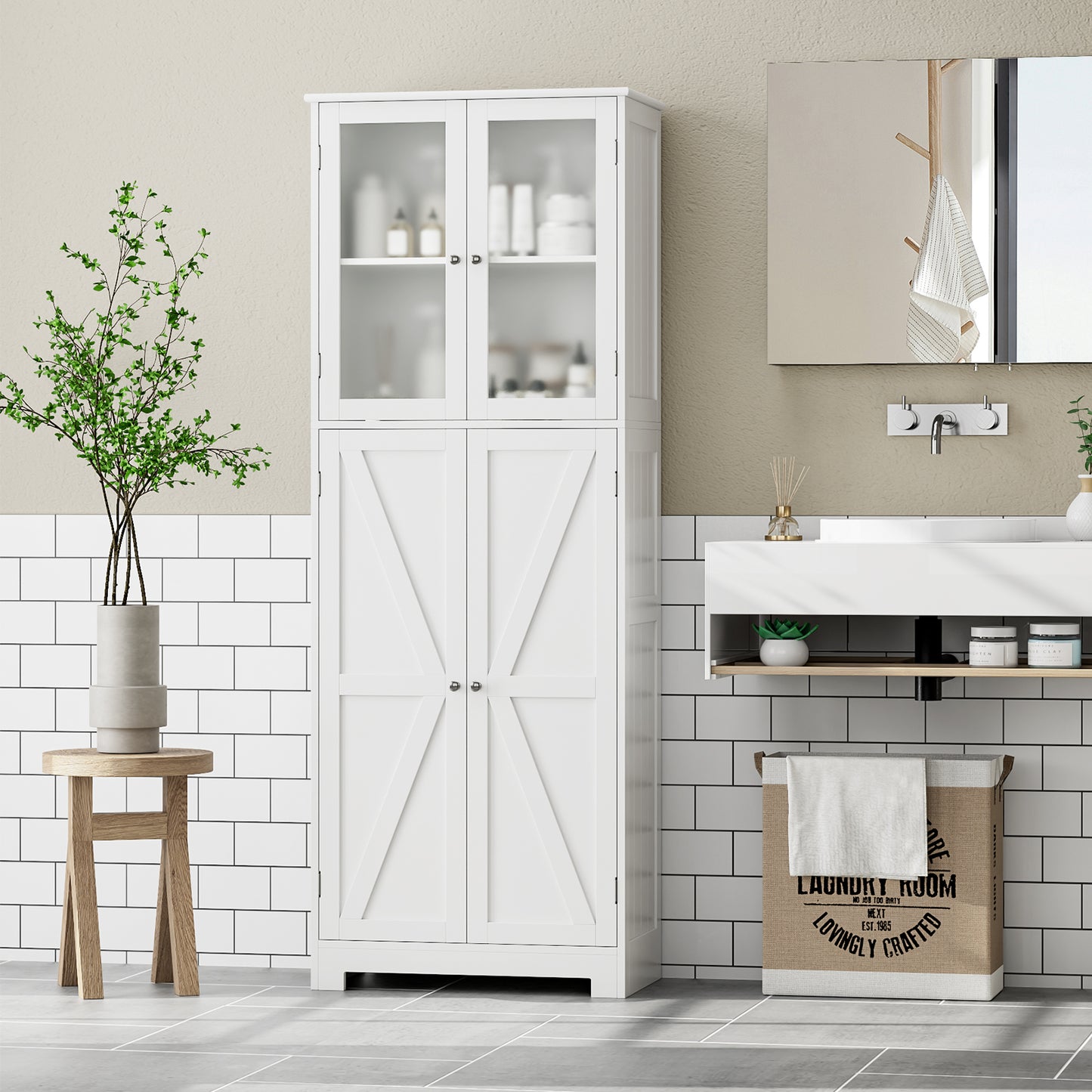 Urkno 67" Tall Bathroom Storage Cabinet with Glass Doors, Freestanding Kitchen Pantry Cabinet, White