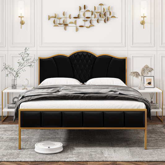 Urkno Full Size Metal Bed Frame, Platform Bed Frame, PU Leather Black Gold