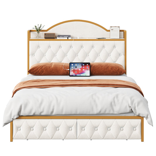 Urkno Full Size Tall Bed Frame with Shelving and Charging, Upholstered Storage Bed Frame with 2 Drawers, Velvet Beige