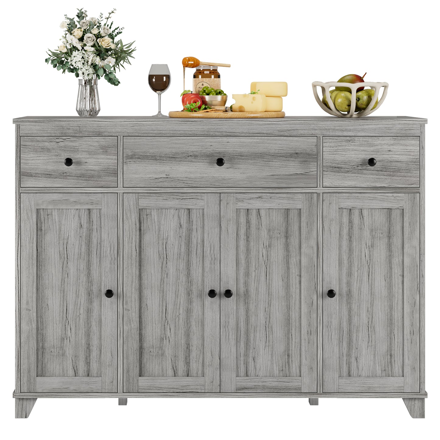 Urkno 47.2"W Buffet Sideboard, Wooden Storage Cabinet with 3 Drawers & 4 Doors, Wide Buffet Cabinet, Gray