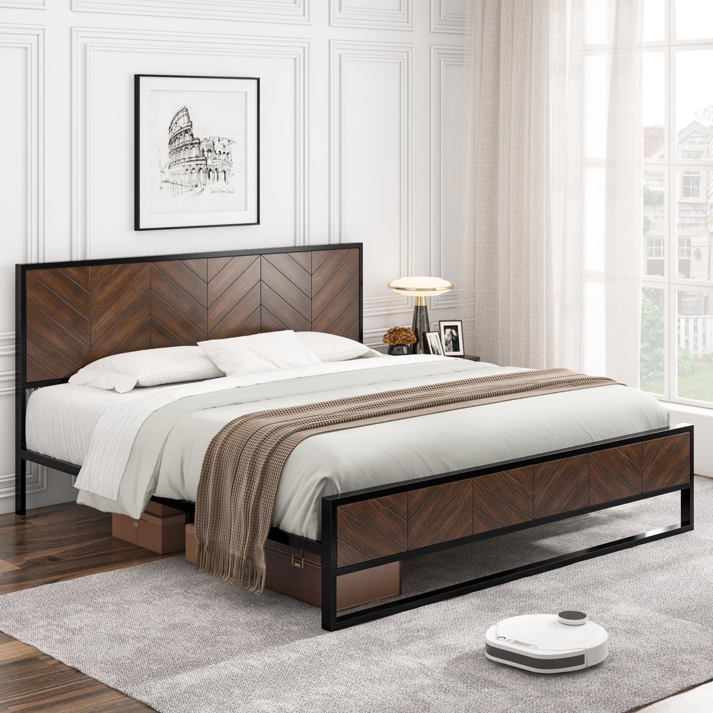 Urkno King Wood Platform Bed Frame with Wooden Headboard, Rustic Brown