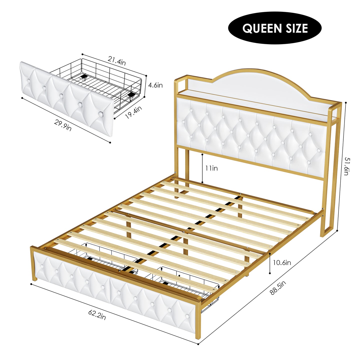 Urkno Queen Size Tall Bed with Shelving and Charging, Upholstered Storage Bed with 2 Drawers, PU Leather White