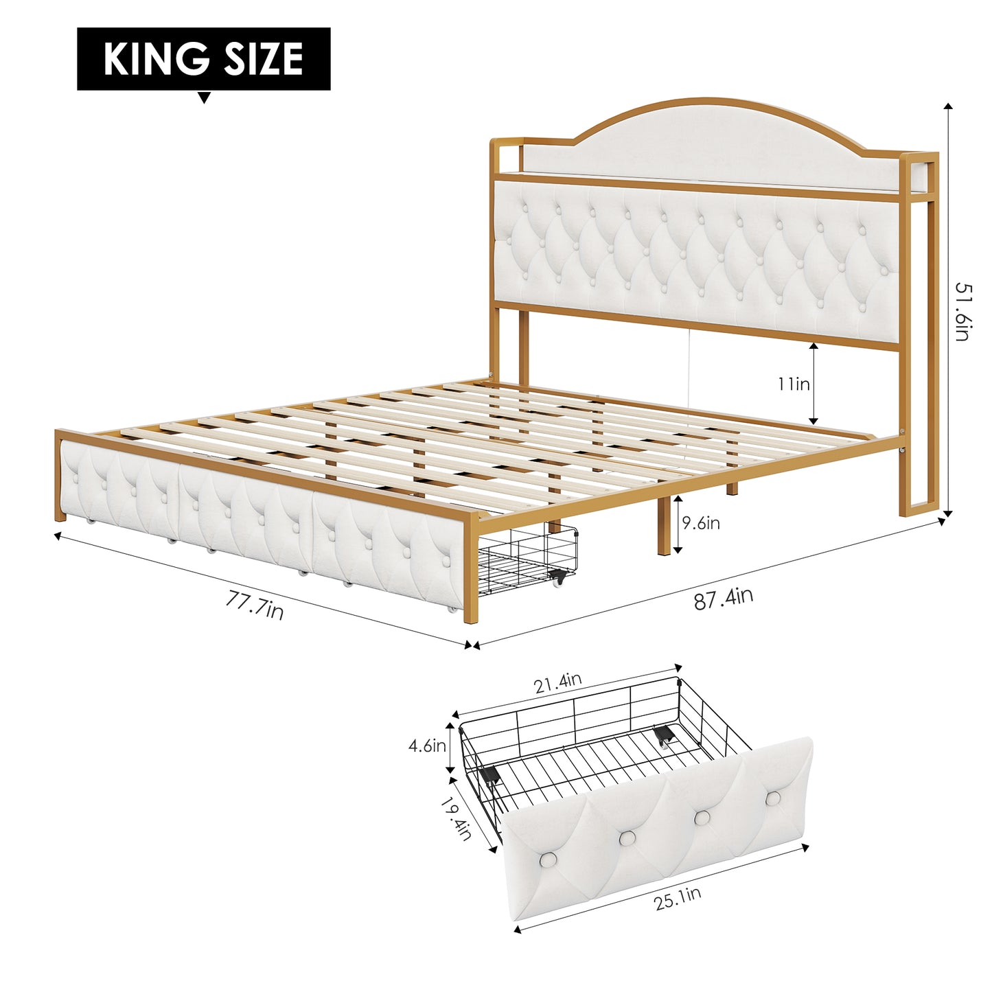 Urkno King Size Tall Bed Frame with Shelving and Charging, Upholstered Storage Bed Frame with 3 Drawers, Velvet Beige