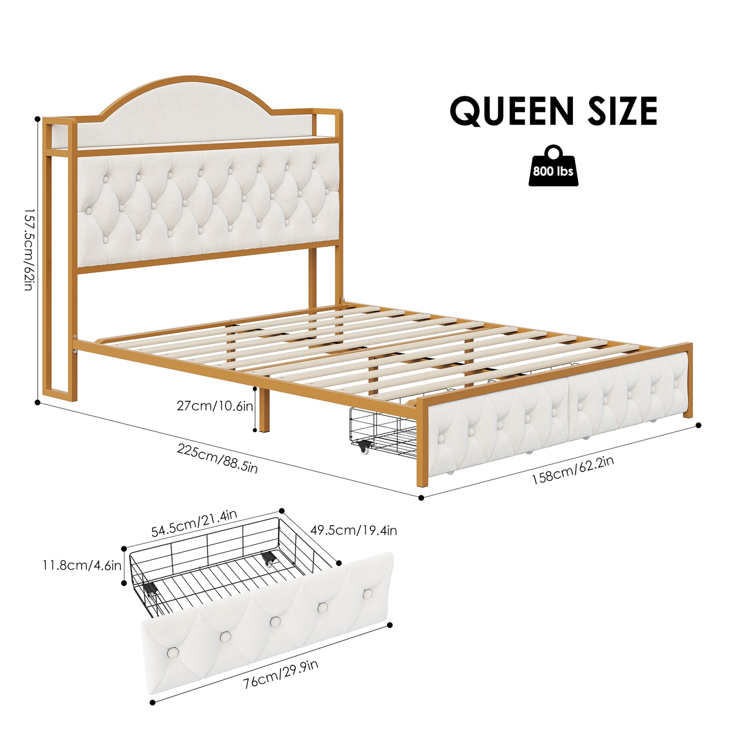 Urkno Queen Size Tall Bed Frame with Shelving and Charging, Upholstered Storage Bed Frame with 2 Drawers, Velvet Beige