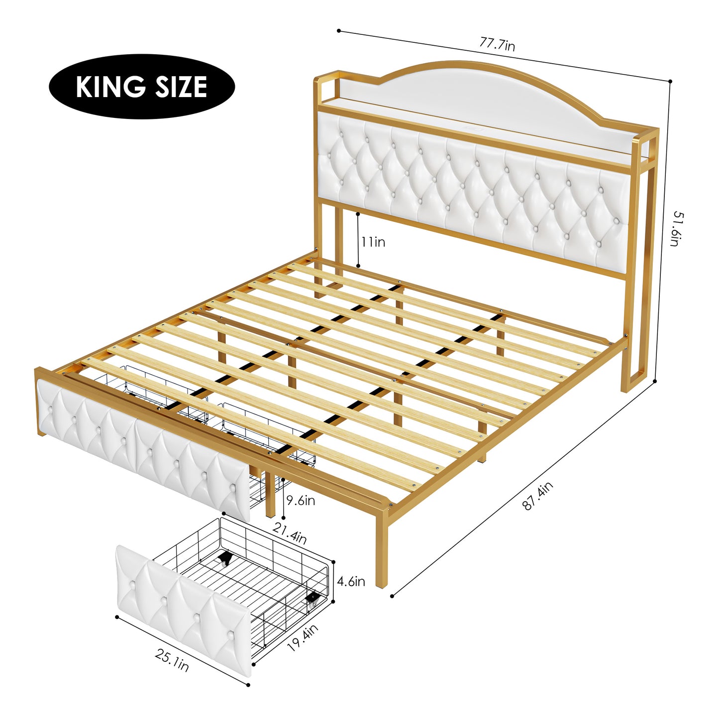 Urkno King Size Tall Bed Frame with Shelving and Charging, Upholstered Storage Bed Frame with 3 Drawers, PU Leather White