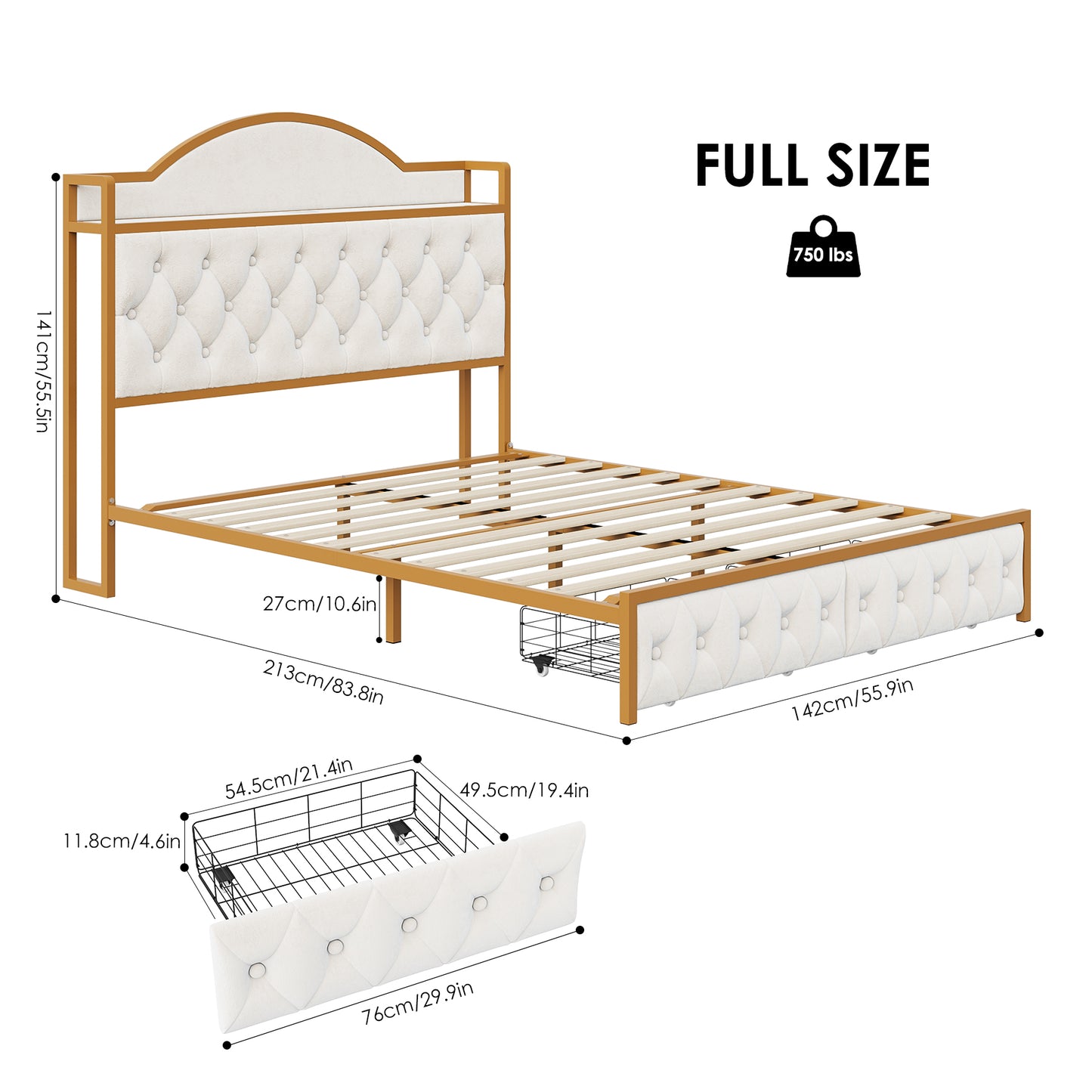 Urkno Full Size Tall Bed Frame with Shelving and Charging, Upholstered Storage Bed Frame with 2 Drawers, Velvet Beige