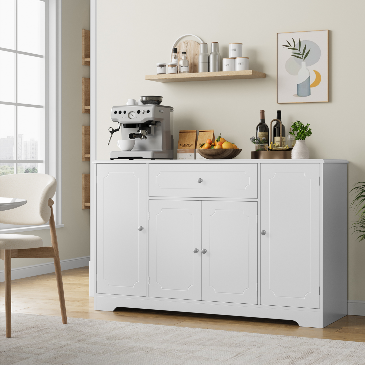 Urkno 47.2"W Kicthen Sideboard Buffet with 1 Drawer & 4 Doors, Storage Cabinet with Adjustable Shelves, White