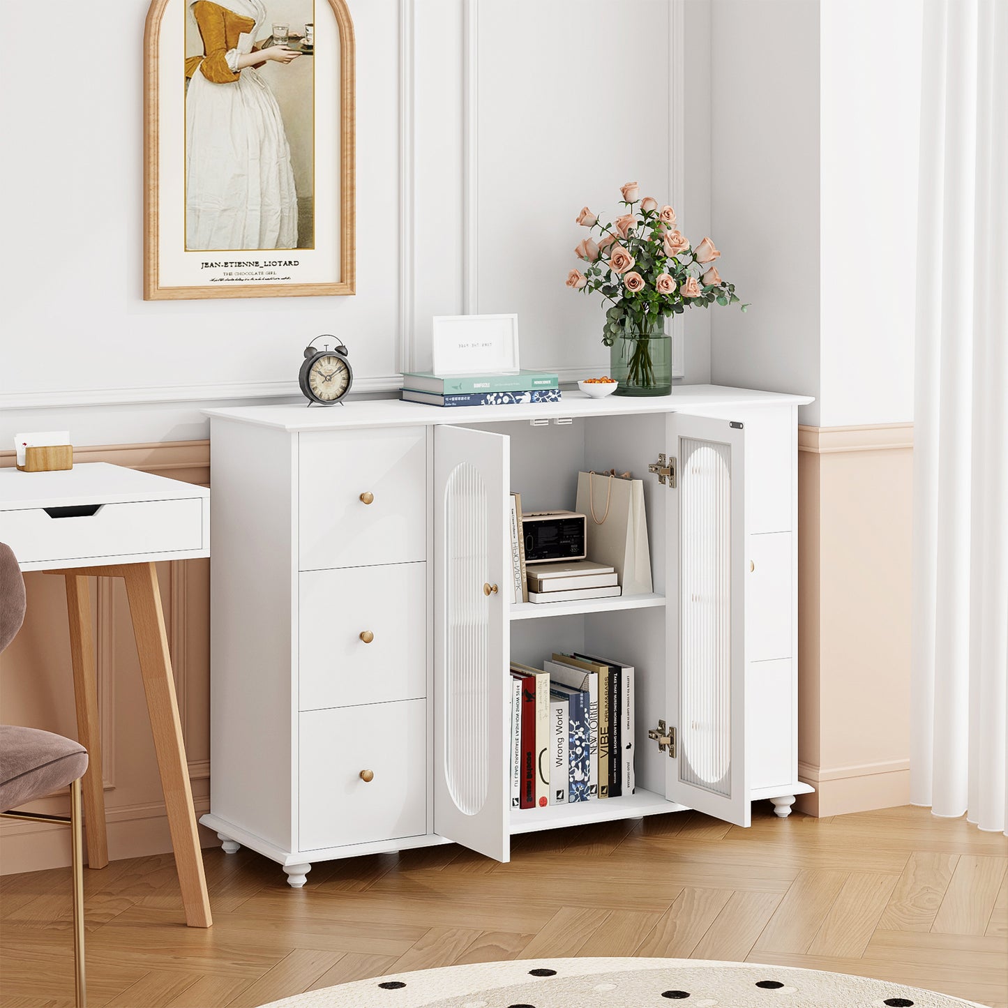 Urkno Modern Accent Storage Cabinet with 6 Drawers and 2 Glass Doors, Kitchen Sideboard, White