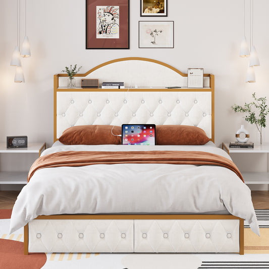 Urkno Queen Size Tall Bed Frame with Shelving and Charging, Upholstered Storage Bed Frame with 2 Drawers, Velvet Beige