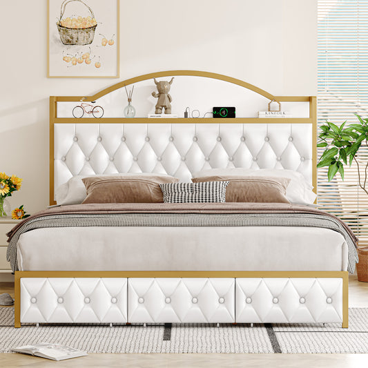 Urkno King Size Tall Bed Frame with Shelving and Charging, Upholstered Storage Bed Frame with 3 Drawers, PU Leather White