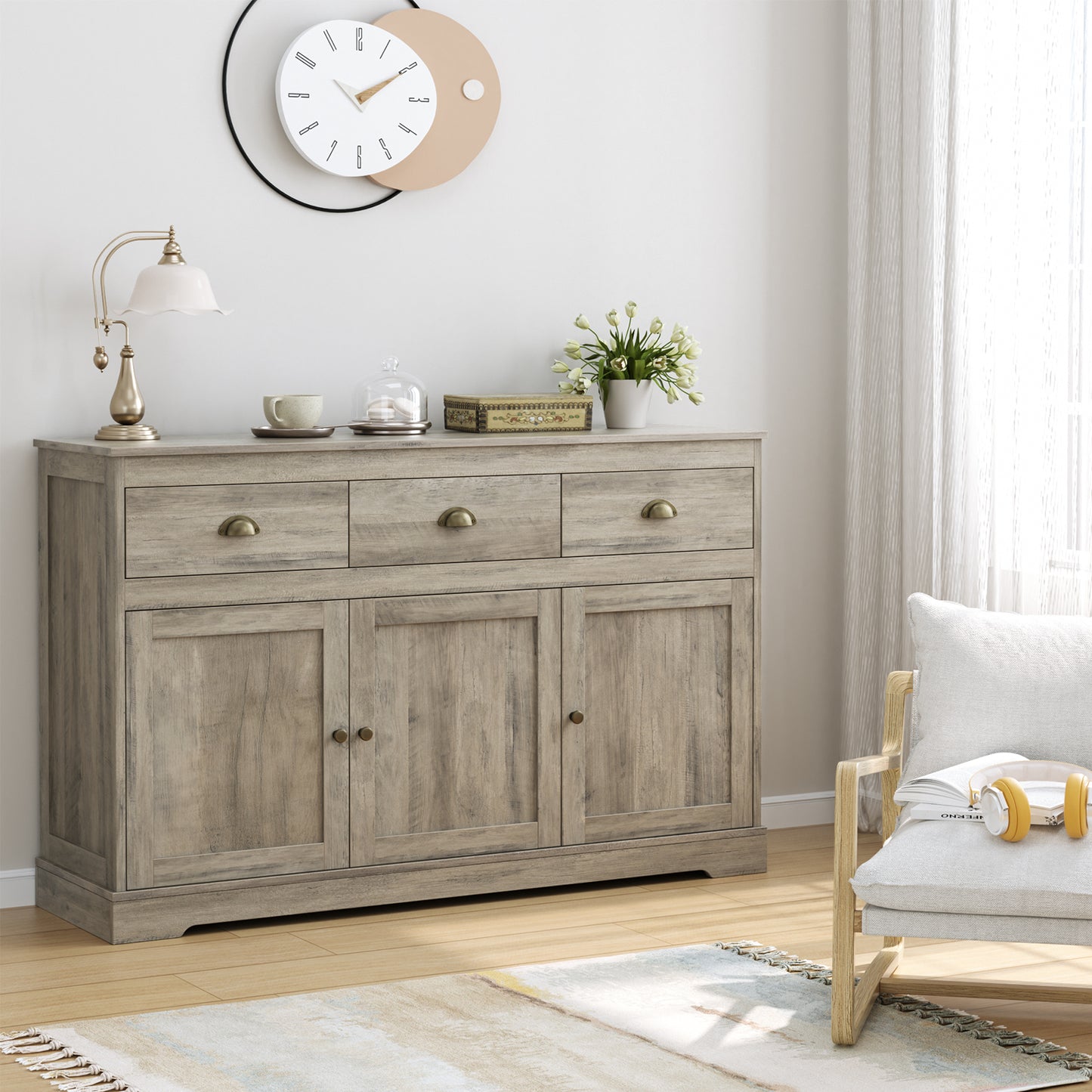 Urkno Sideboard Storage Cabinet with 3 Drawers & 3 Doors, 53.54"W Buffet Cabinet with Adjustable Shelves, Wash Gray