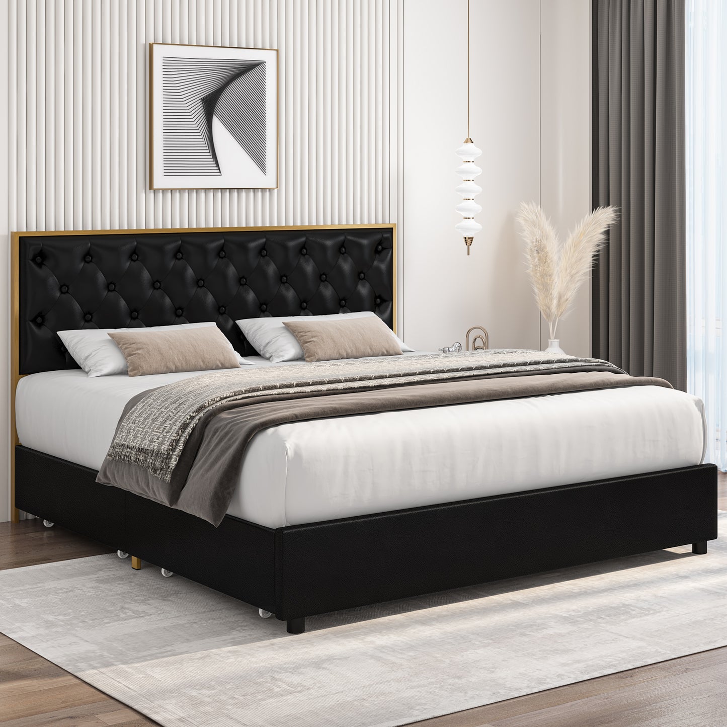 Urkno King Size Bed Frame with 4 Full Storage Drawers and Upholstered Headboard, Black PU Leather