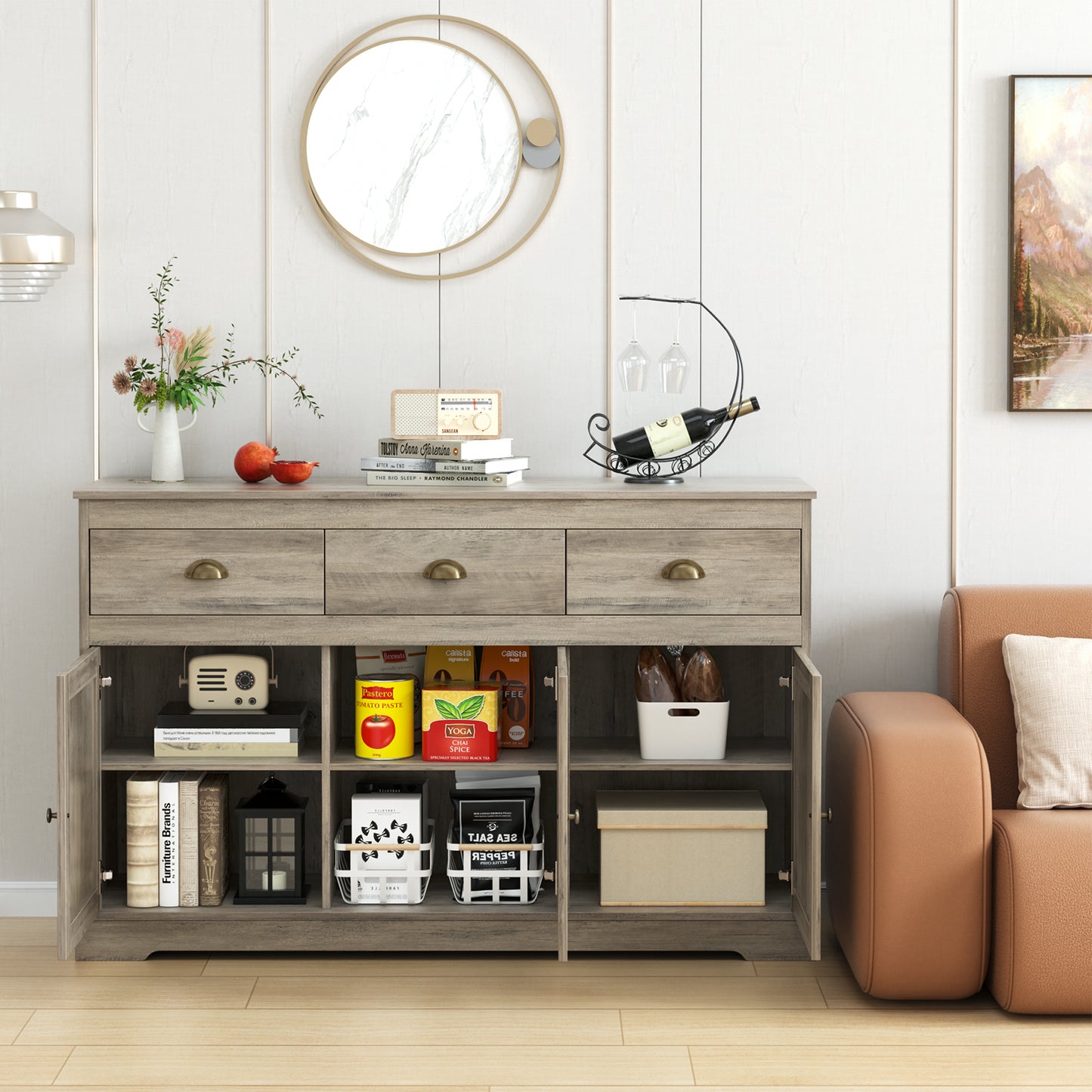 Urkno Sideboard Storage Cabinet with 3 Drawers & 3 Doors, 53.54"W Buffet Cabinet with Adjustable Shelves, Wash Gray