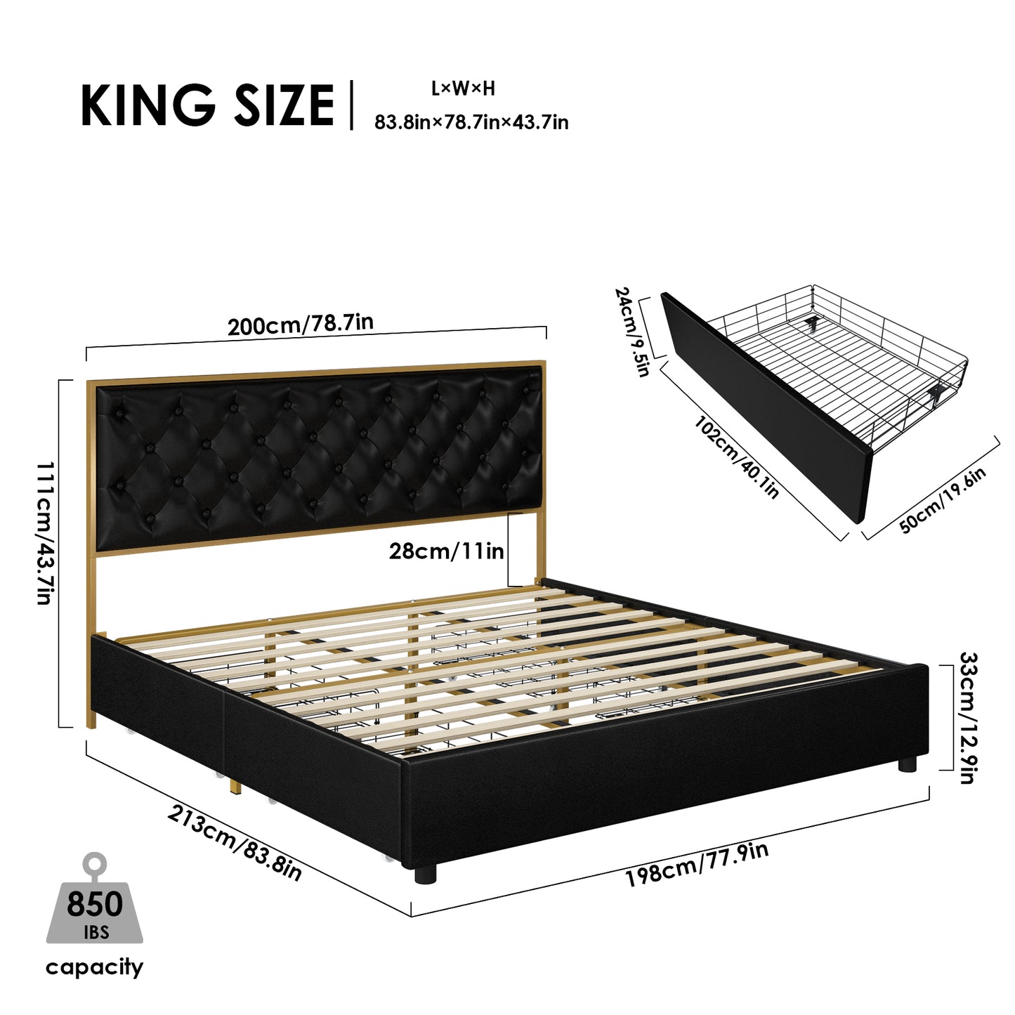 Urkno King Size Bed Frame with 4 Full Storage Drawers and Upholstered Headboard, Black PU Leather