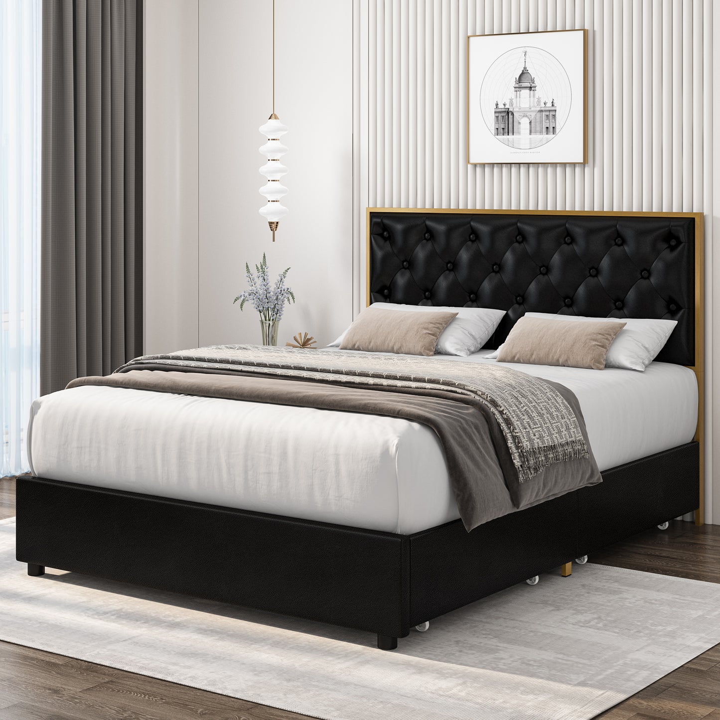 Urkno Full Size Bed Frame with 4 Full Storage Drawers and Upholstered Headboard, Black PU Leather