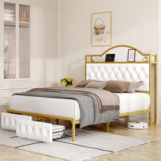 Urkno Queen Size Tall Bed with Shelving and Charging, Upholstered Storage Bed with 2 Drawers, PU Leather White