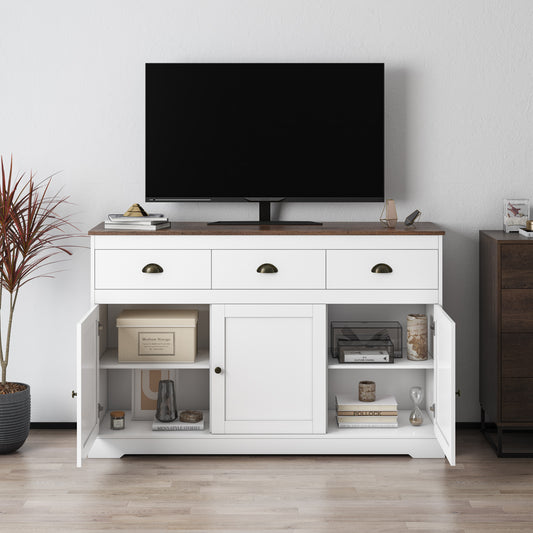 Urkno Sideboard Storage Cabinet with 3 Drawers & 3 Doors, 53.54"W Buffet Cabinet with Adjustable Shelves, White