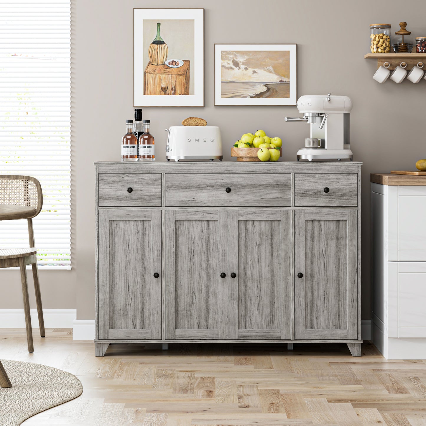 Urkno 47.2"W Buffet Sideboard, Wooden Storage Cabinet with 3 Drawers & 4 Doors, Wide Buffet Cabinet, Gray