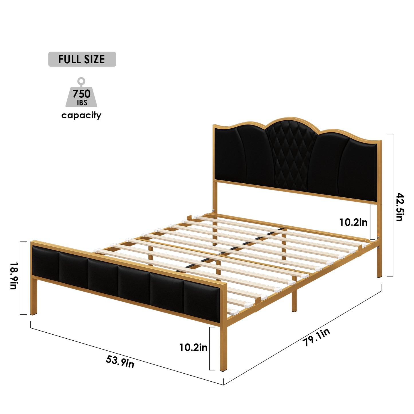 Urkno Full Size Metal Bed Frame, Platform Bed Frame, PU Leather Black Gold