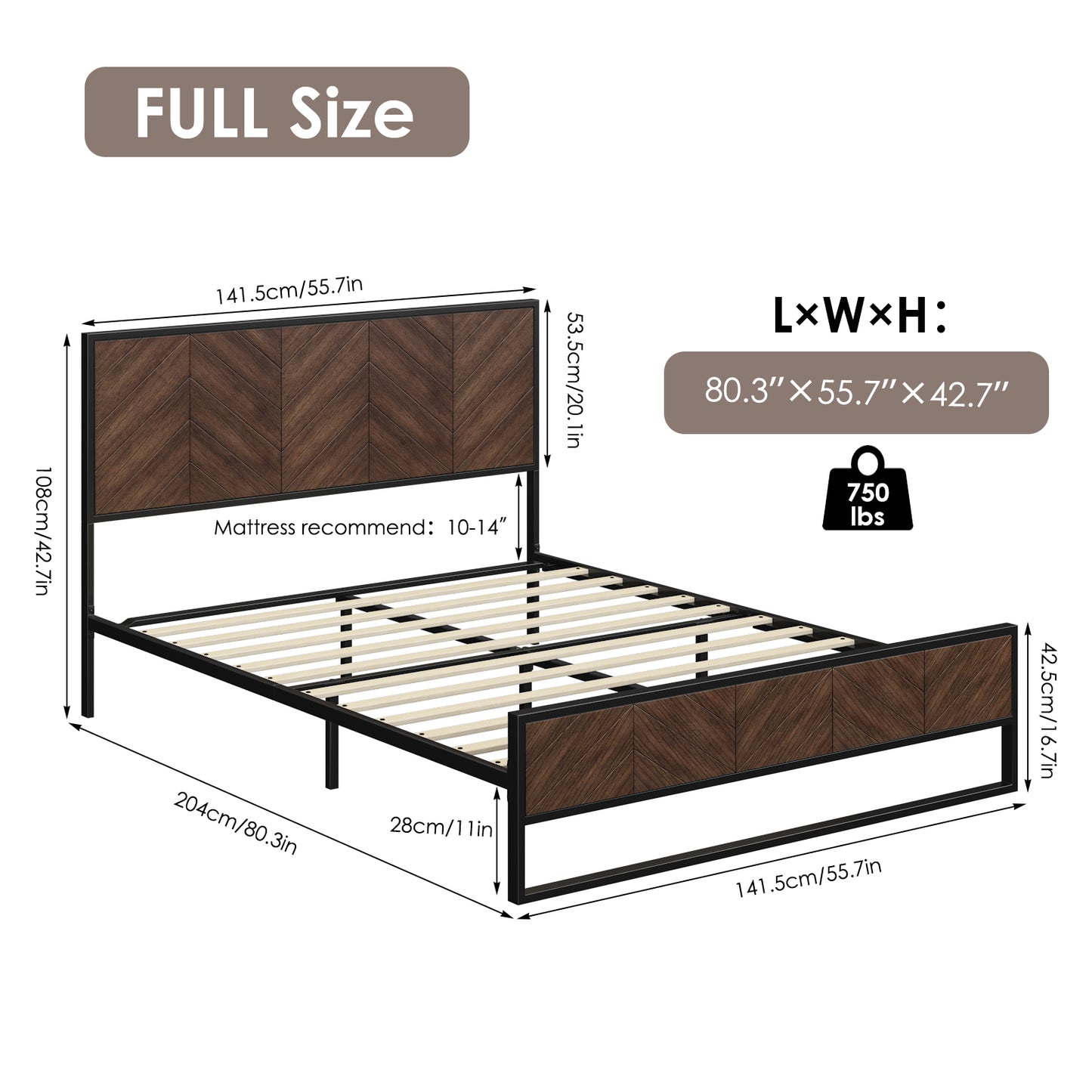 Urkno Full Wood Platform Bed Frame with Wooden Headboard, Rustic Brown