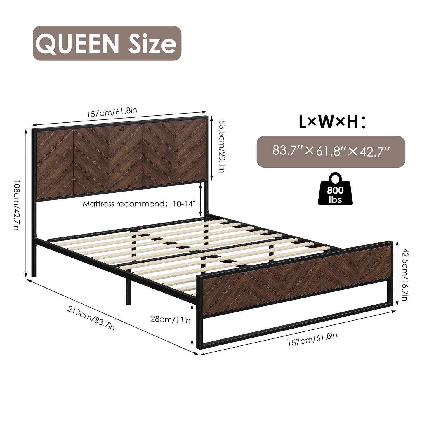 Urkno Queen Wood Platform beds with Wooden Queen Bed Frame with Headboard, Rustic Brown