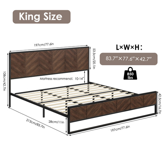 Urkno King Wood Platform Bed Frame with Wooden Headboard, Rustic Brown