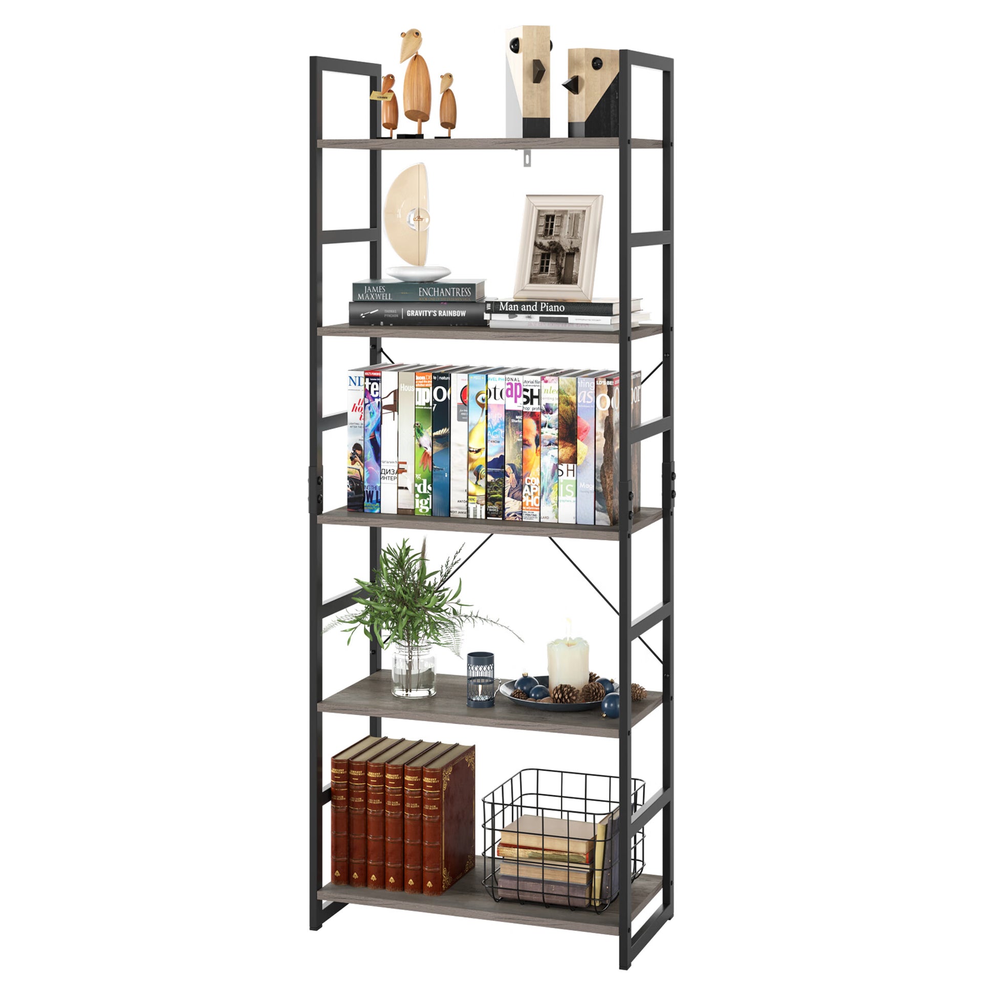 HOMECHO 5 Tier Bookshelf and Bookcase Storage Plant Stand Rack for Living Room Kitchen, Gray