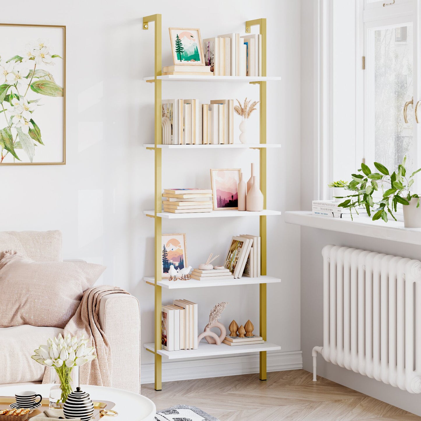 72.6'' H x 23.6'' W Iron Shelf Bookcase, White and Gold