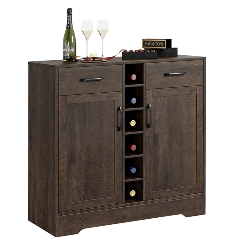 Homecho Wine Cabinet with Adjustable Storage Shelf, Buffet Sideboard with Doors & Drawers, Dark Brown Finish