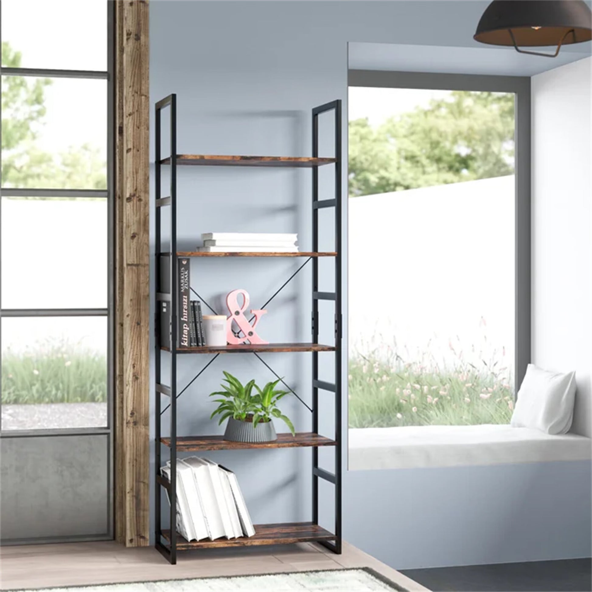 HOMECHO 5 shelf bookcase Standing Ladder Shelf Iron Open bookshelf and bookcase, Brown