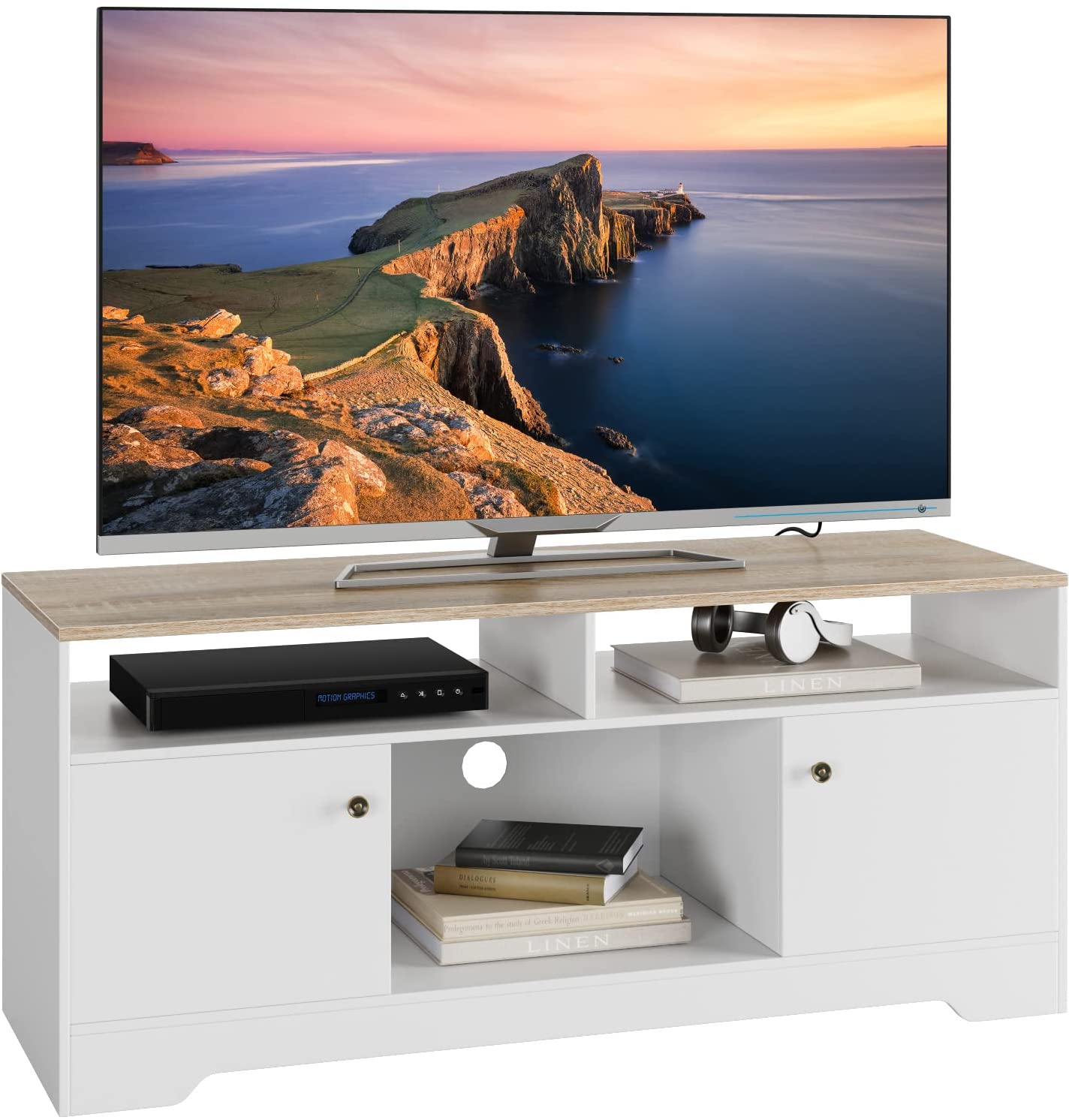 Tv Stand for 50 Inch Tv, Entertainment Center, Tv Stand for Bedroom with Storage White Tv Console with Cabinet and Open Shelves, White Tv Console for Living Room, White and Oak Finish