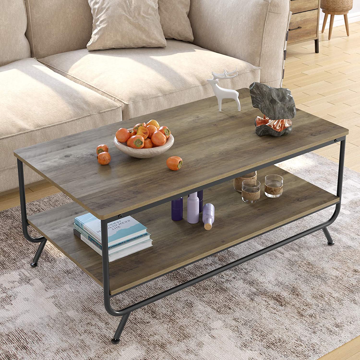 Modern Coffee Table, 2-tier Low Coffee Table, Light Wood Coffee Table,Rectangle Coffee Table, Wood Coffee Tables for Living Room, Home Furniture with Metal Legs,Wood Grain