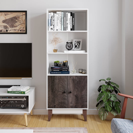 Homecho Modern Bookcase with Shelves & Doors, Wood Bookshelf for Home Office, White Oak Color Finish