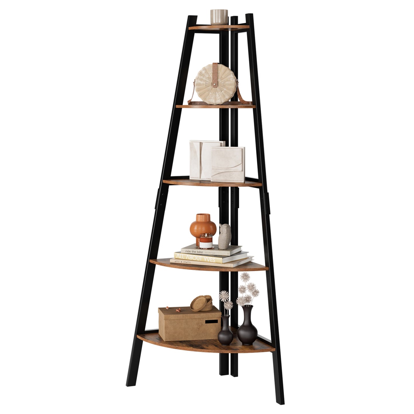 HOMECHO 5 Tier Corner Bookshelf Ladder Corner Shelf, Vintage Industrial Corner Bookcase and Book Shelves Shelving Unit Storage Stand for Home Office, Industrial Brown