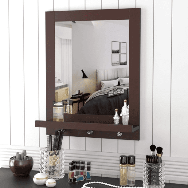 Homecho Bathroom Wall Mirror Shelf with and 3 Hanging Hooks, Brown