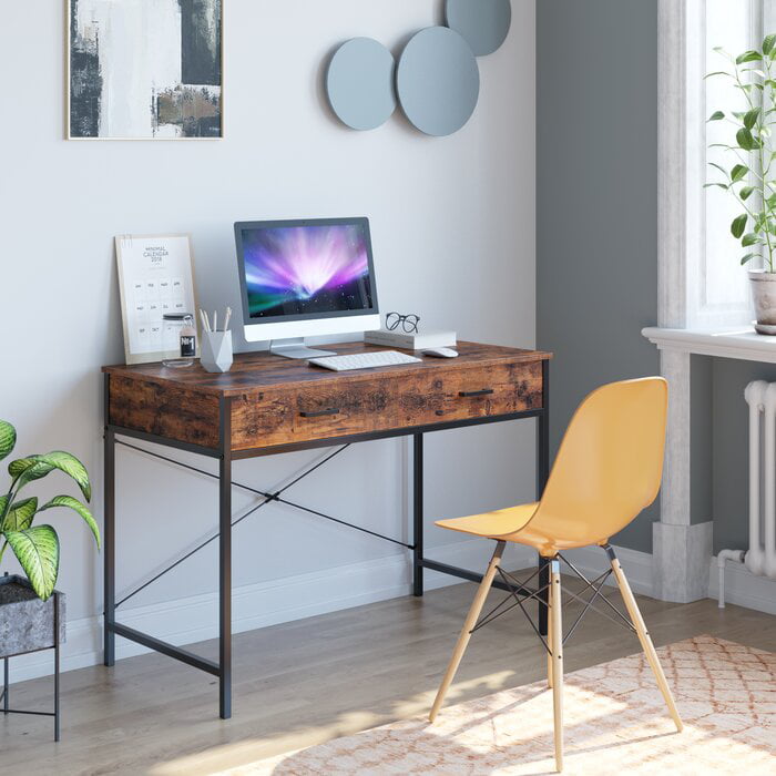 42 Inch Desk, Computer Desk, Industrial Writing Table for Home Office, Room Desk, Study Desk, Desks for Bedrooms, Home Office Workstation, Desk Shelf with 2 Large Drawers, Rustic Brown Finish