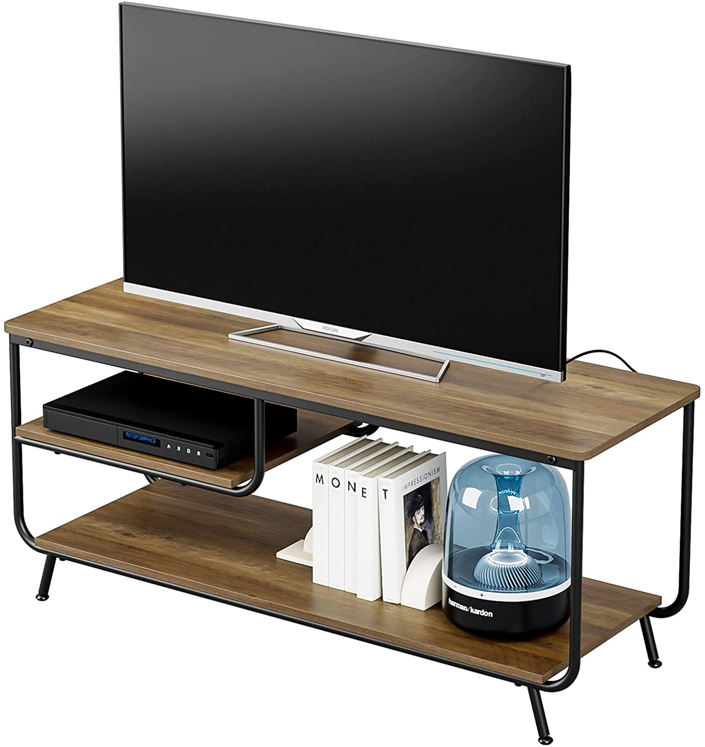 Tv Stand for 55+ Inch Tv, Media Console with 3 Tier Storage Shelves, Entertainment Center with Metal Frame for Living Room, Rustic Brown