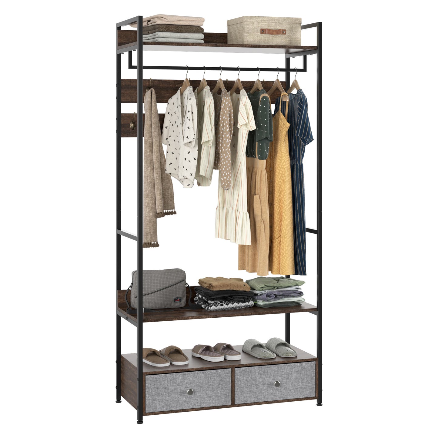 Homecho Clothes Rack Open Garment Rack with Drawers and 9 Hooks, Rustic Brown