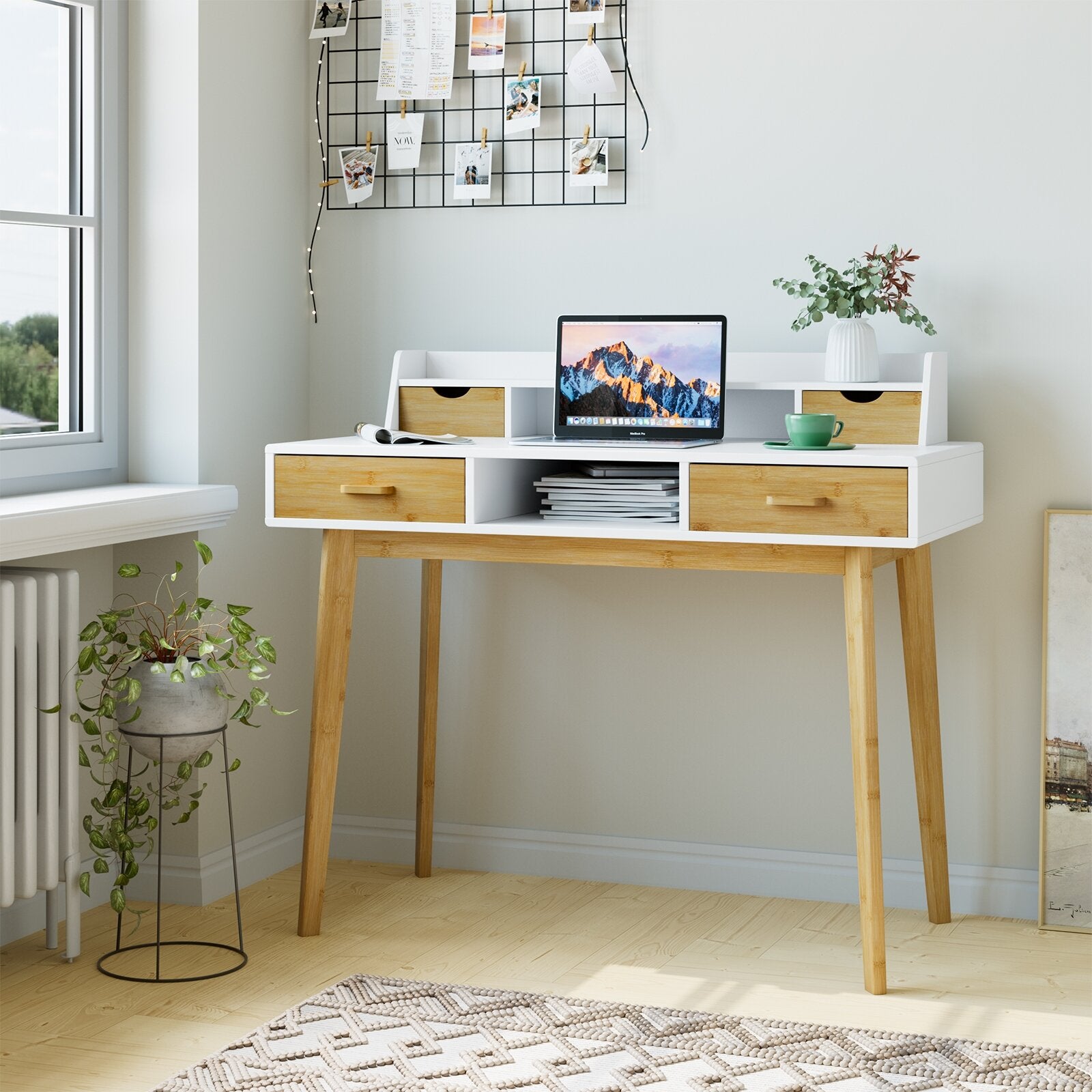 Computer Desk with 4 Drawer Kids Table for Study, White and Natural