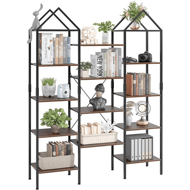 Homecho 5-Tier Bookshelf, Triangle Top Metal Frame Bookcase for Living Room, Bedroom Office, Brown