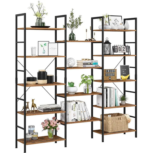 HOMECHO 5 Tier Iron Bookcase Free Standing Shelf, Adjustable storage Shelving Unit, Rustic Brown