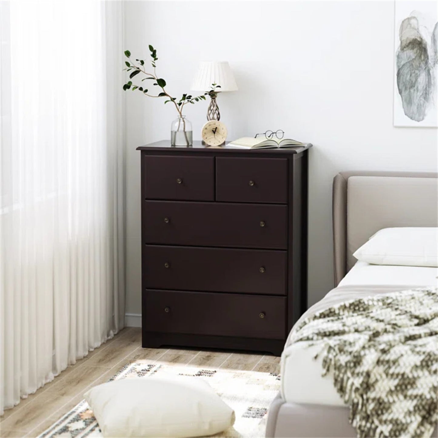 Homecho 5 Drawers Dresser, Bedroom Cabinet with Drawers for Living Room Entryway, Classy Brown Finish