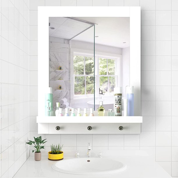 Homecho Wall Mirror Shelf, 26 inches Height Mirror for Wall with 3 Hooks for Bathroom, White