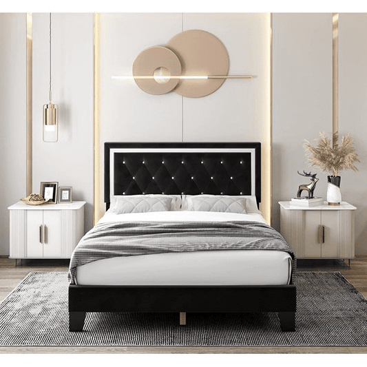 Homecho Queen Bed Frame, Diamond Tufted Upholstered Platform with Adjustable Headboard, Mattress Foundation with Wooden Slat Support, No Box Spring Needed, Black