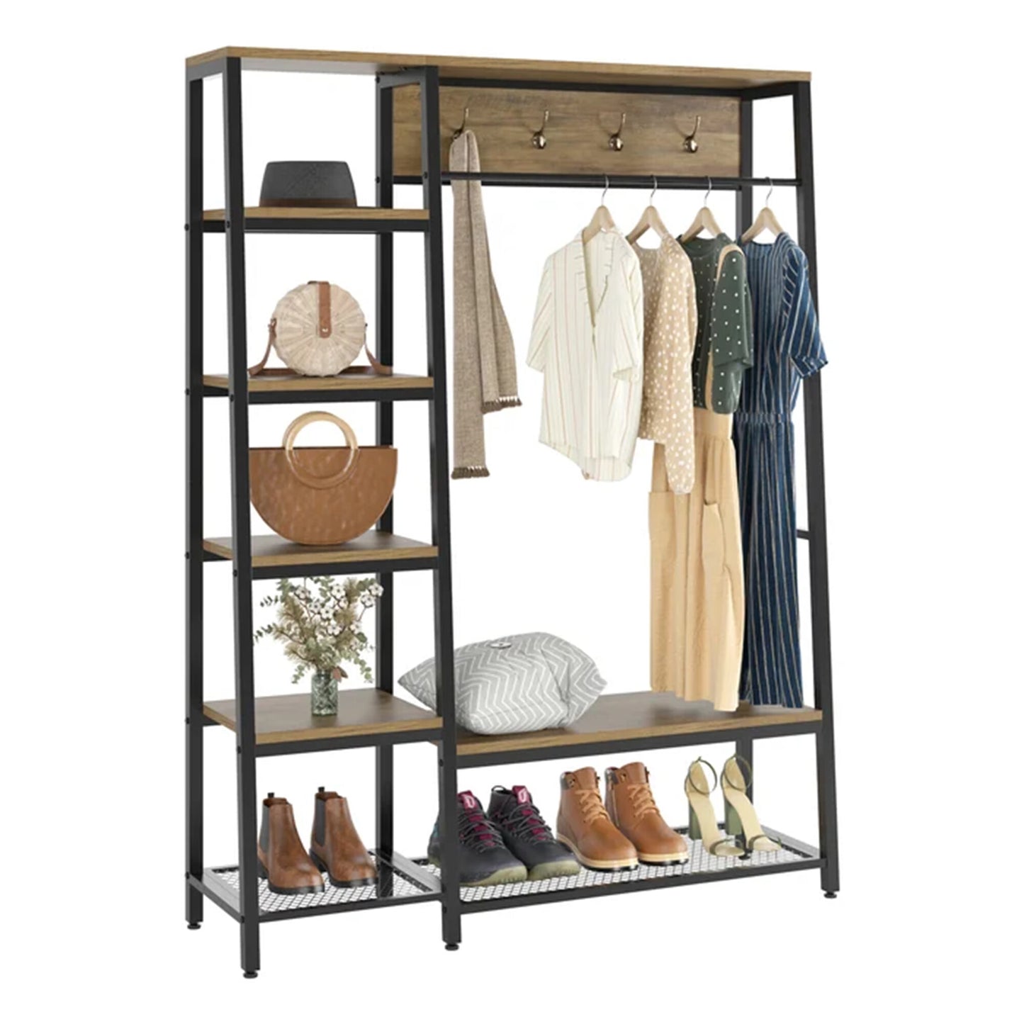 HOMECHO Garment Rack Shelf with Shoe Storage Closet Organizer, Rustic Brown