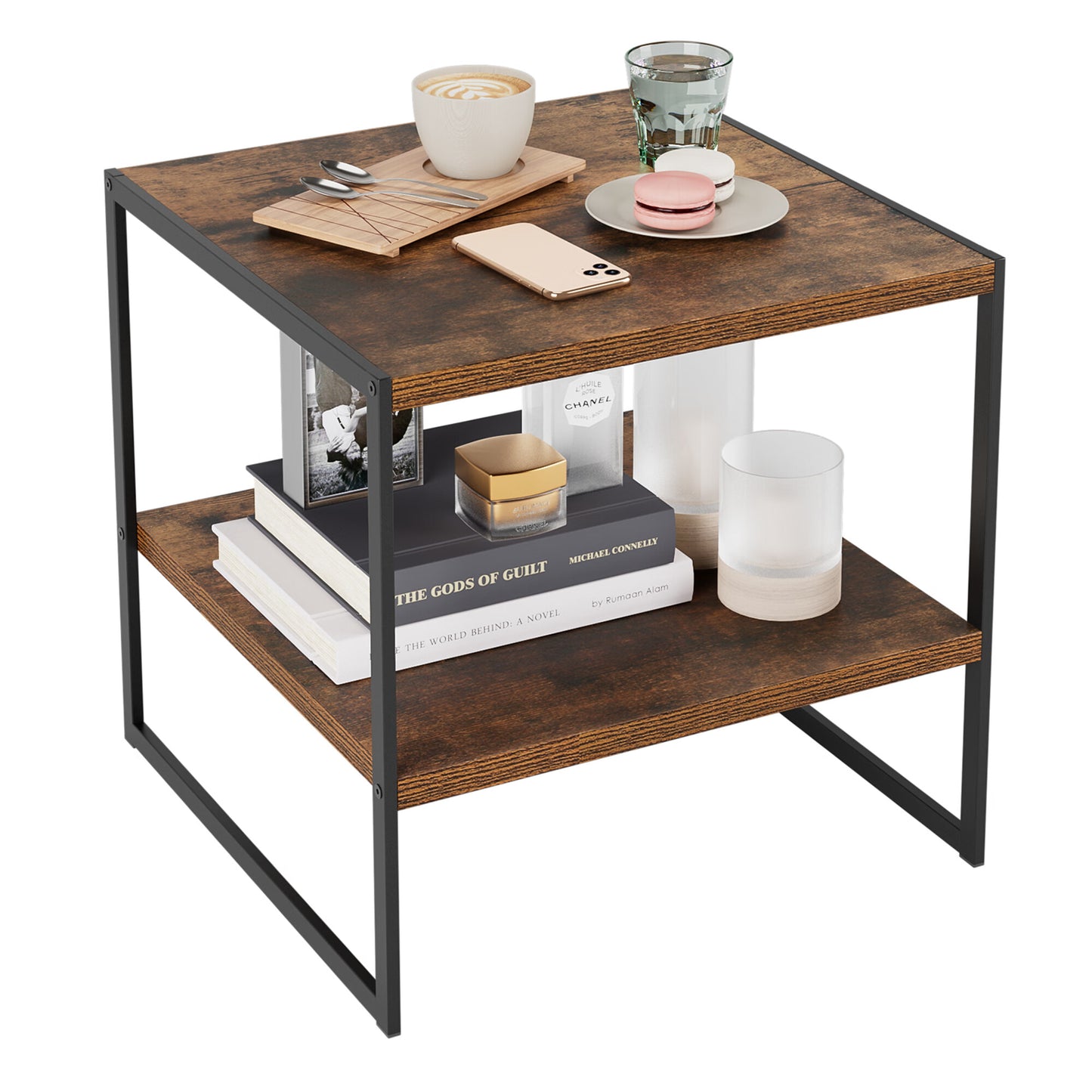 HOMECHO Side Table with Shelves End Tables for Living Room, Wood Look Tea Table Sofa Center Table with Storage Shelf, Rustic Brown