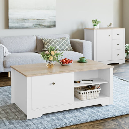 Modern Coffee Table, Side Table with Storage, Rectangle Sofa Table with Single Drawer and 2 Storage Shelves, White Finish