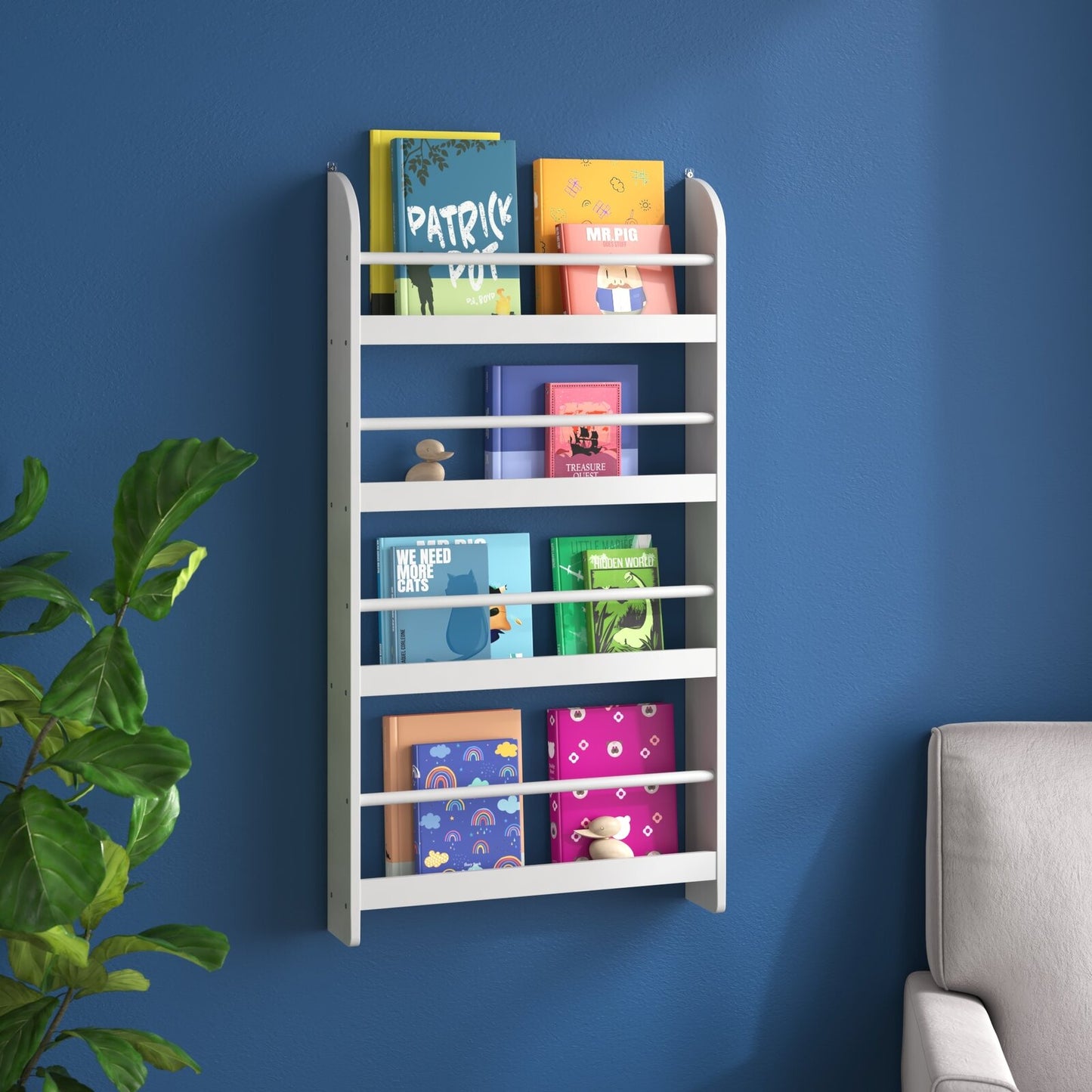 Kids Book Display, 4 Tier Wall Mounted Organizer Stand for Books Toys, White